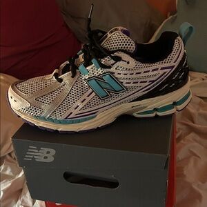 New Balance White and Teal Athletic Sneakers